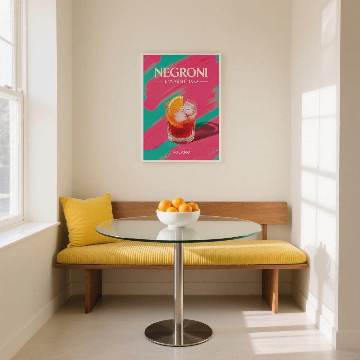 Retro Cocktail Art wall print featuring a Negroni cocktail in red and orange above a glass table and yellow bench