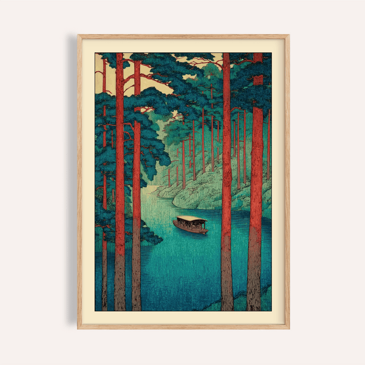 Framed view of Hasui Kawase tranquil river wall art poster with tall trees and a small boat