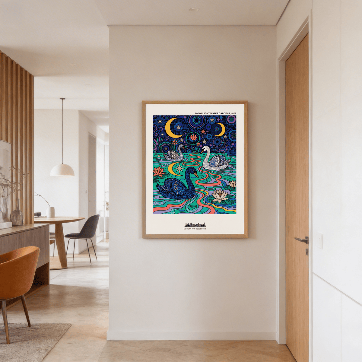 Swan art print of swans in colourful abstract water garden on a pale wall in a hallway
