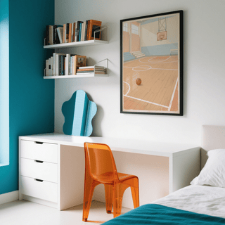 Vintage Basketball Wall Art framed print of a minimalist basketball court with ball in a bedroom next to an orange chair