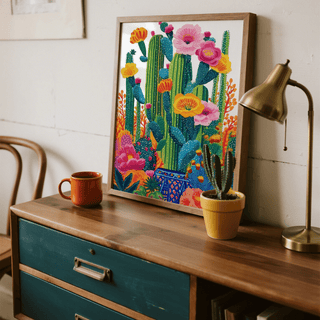 Print leaning on a shelf of vibrant flowering cactus illustration with a small potted cactus and a lamp