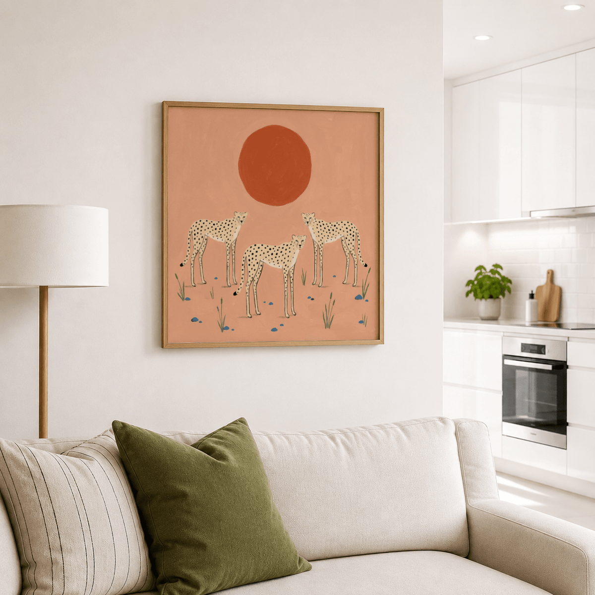 Cheetah Art Print framed above a sofa with striped and green cushions in a contemporary living room