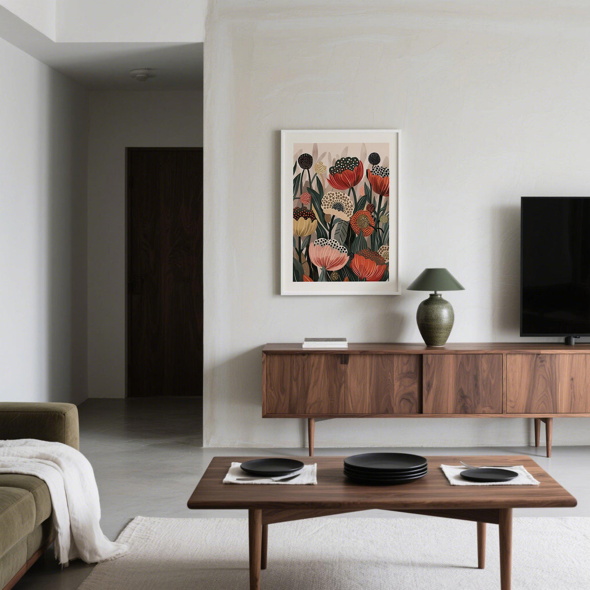 Art with Poppies wall art with abstract flower bouquet in warm muted tones in a living room above a sideboard