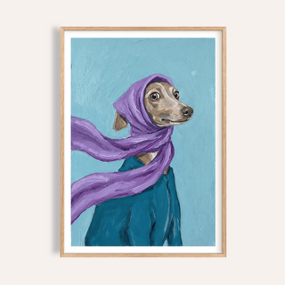Dressed Up Dog Art of a dog wearing a flowing purple scarf and blue outfit with a blue background