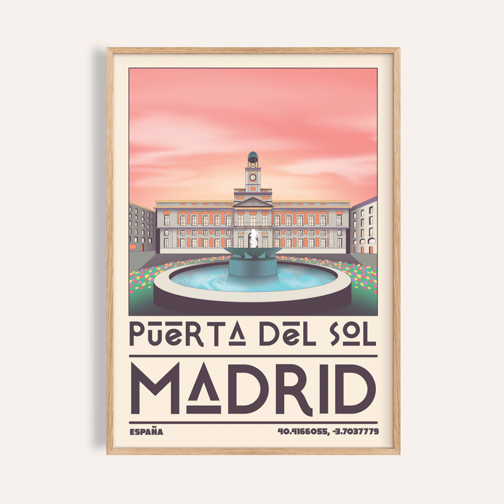 Framed Madrid Landmark Art Print of Puerta del Sol plaza with pink sky and typographic details
