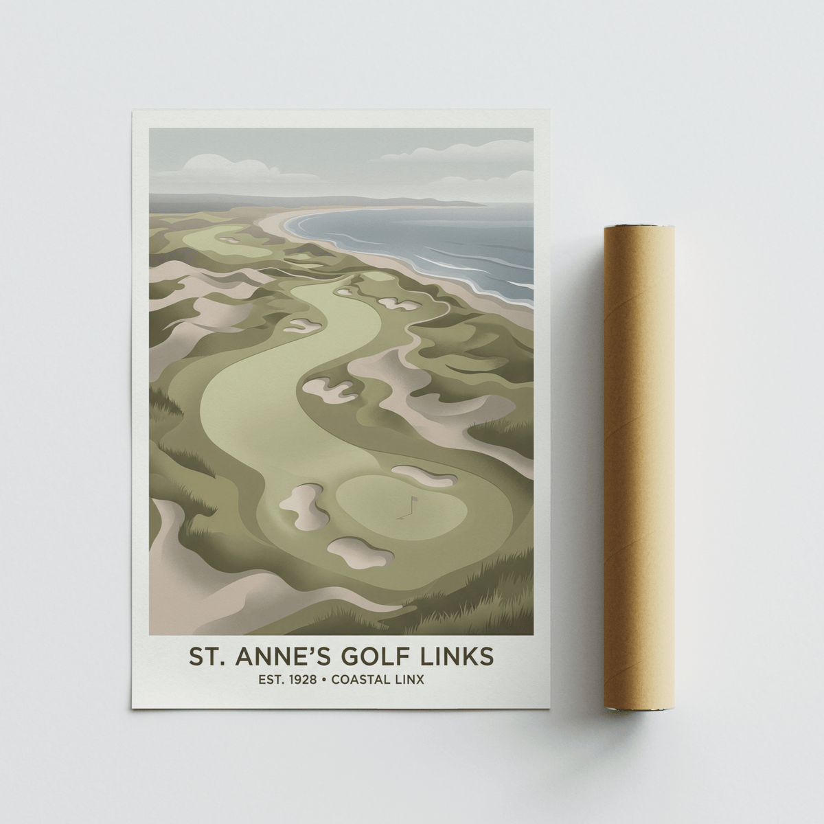Rolled print with Coastal Golf Landscape artwork of a minimalist coastal golf course with greens and sand