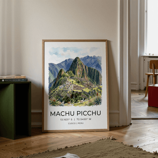 Print of Machu Picchu Art Print in watercolour leaning on the floor next to a green shelf in a hall