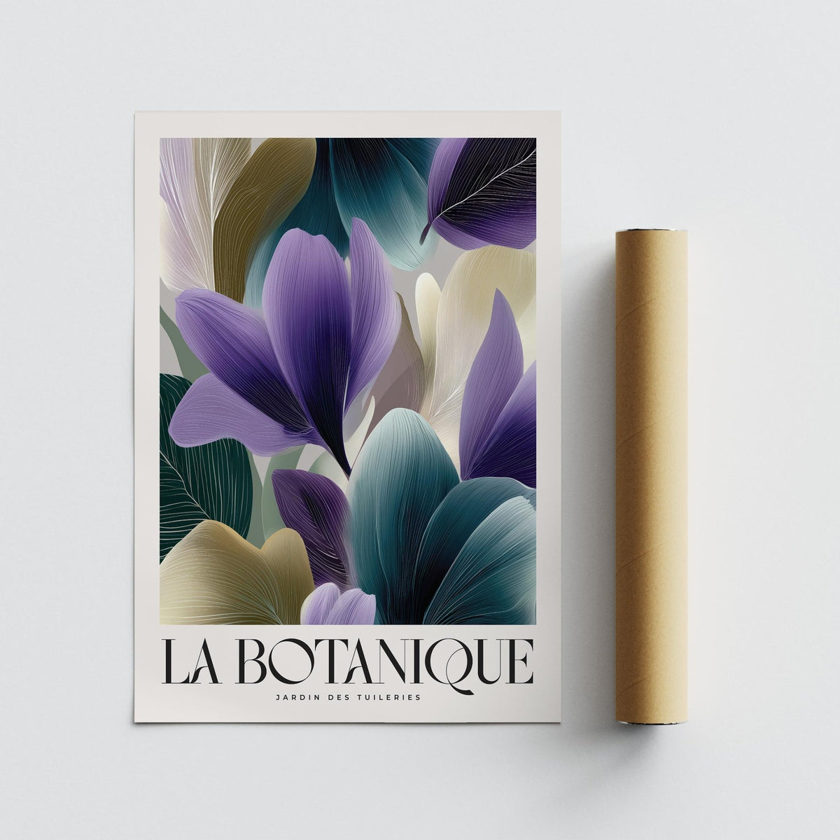 Plant poster of violet flower petals with teal and beige leaves next to a brown packaging tube