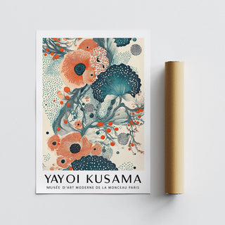 Abstract Floral Poster with stylised flowers in teal and coral alongside a packaging tube