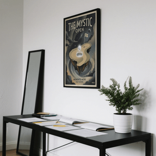 Memento Mori Golf Course Art Print floating golf green retro style in a white room above a black table
