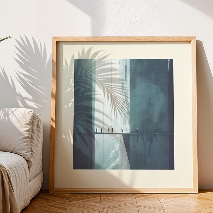 Framed Surreal Art Prints of rope climbers in blue and grey tones leaning on a wooden floor with a leaf shadow