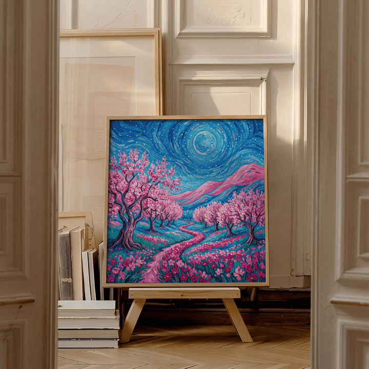 Van Gogh Floral Print leaning on an easel with wooden frame in a room with stacked art and moulded walls