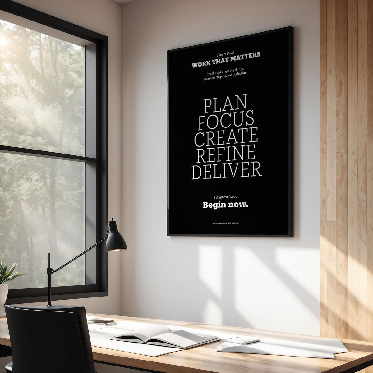 Inspiring Wall Decor motivational typographic art in black with white text above a desk by a window