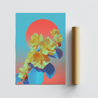 Vibrant Floral Wall Art with yellow flowers and blue leaves shown alongside a packaging tube