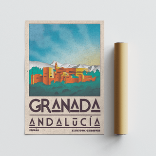 Spanish City Poster of the Alhambra fortress illustration in vintage style with blue sky and orange buildings beside a packaging tube