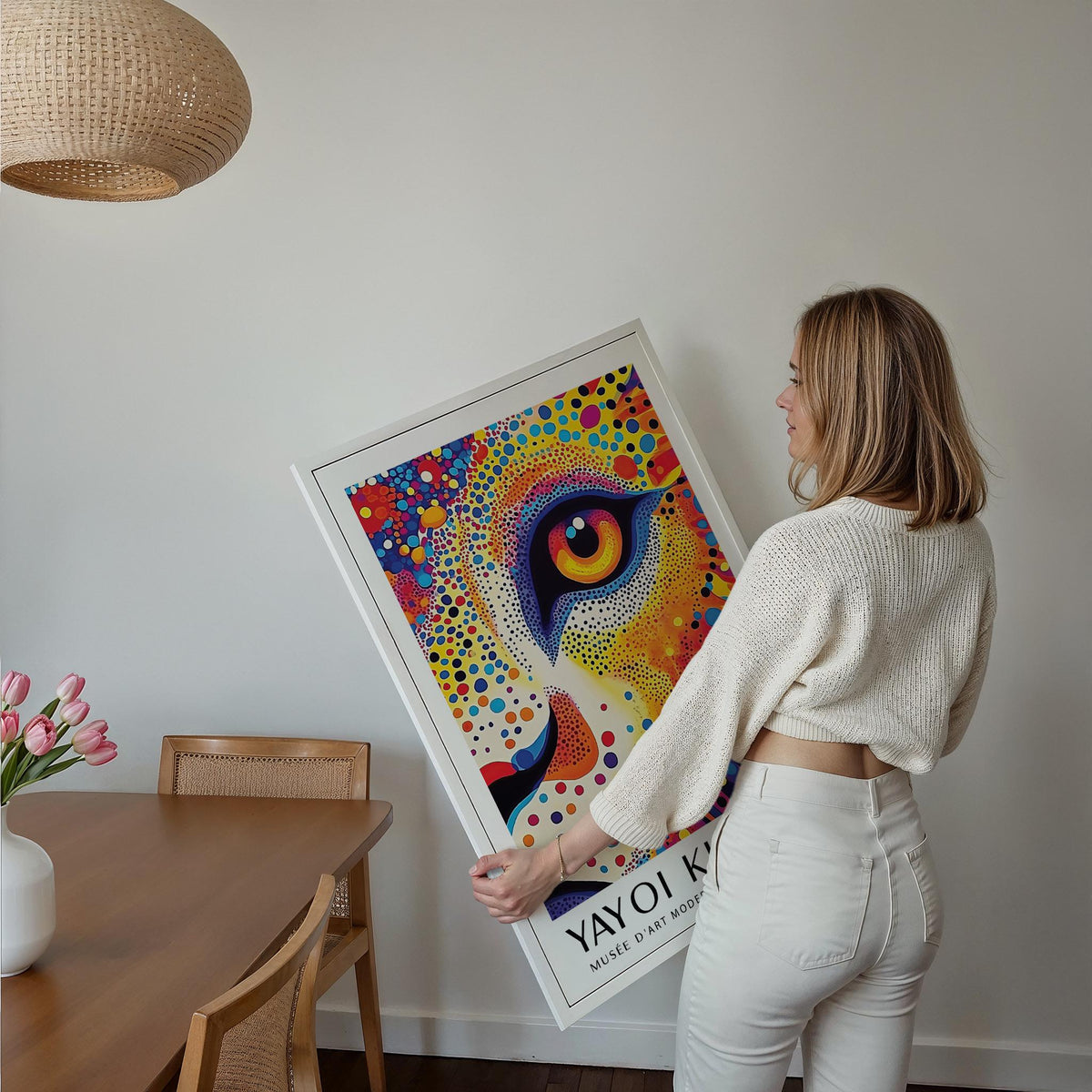 Framed Lion Animal Poster with vibrant dotted lion face held by a woman in a dining room