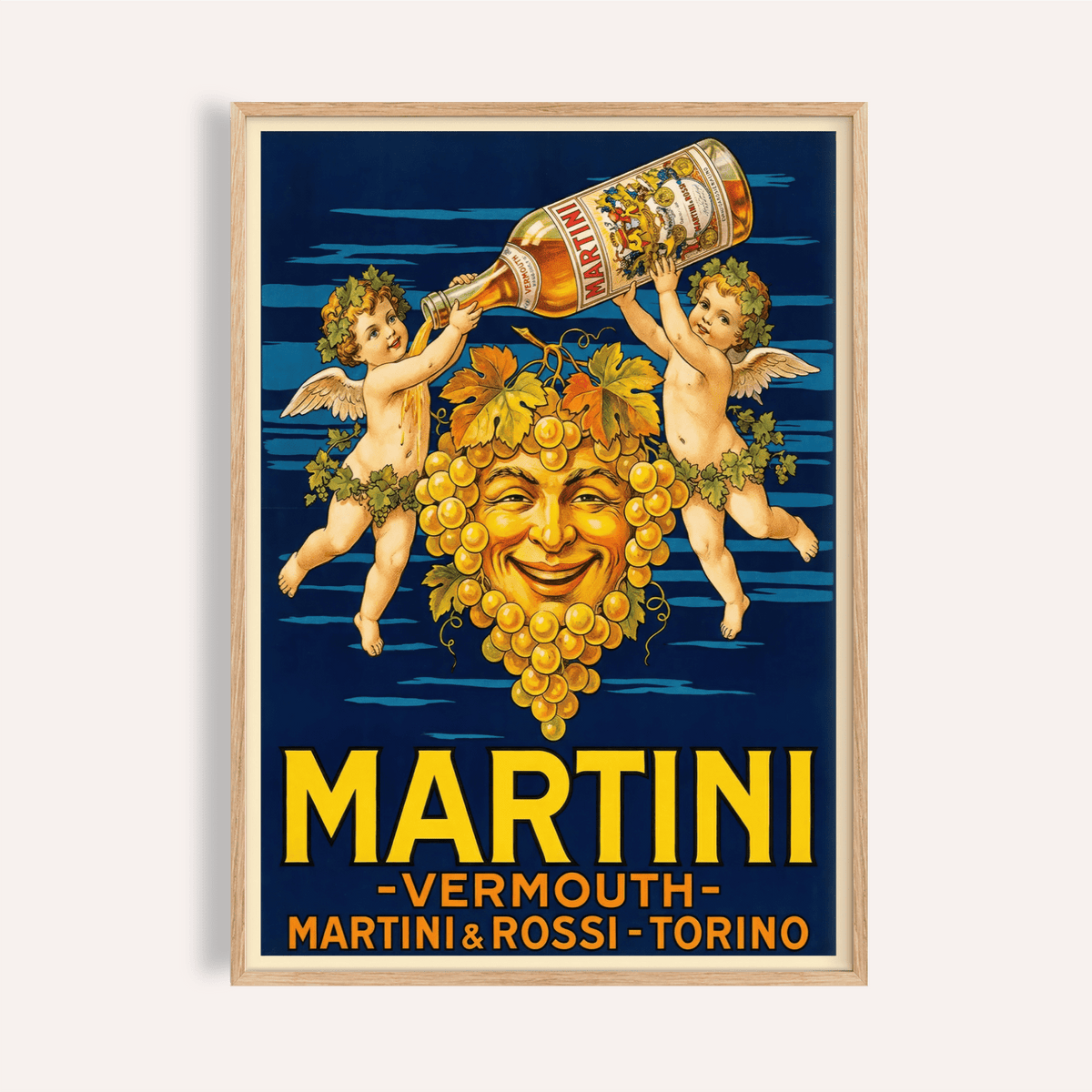 Framed Vintage Vermouth poster with grape face cherubs and vermouth bottle on dark blue background