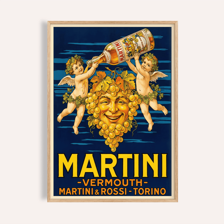 Framed Vintage Vermouth poster with grape face cherubs and vermouth bottle on dark blue background