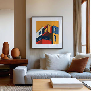 Posters for Office Space wall art of a modern building facade in orange red and blue above a white sofa with cushions