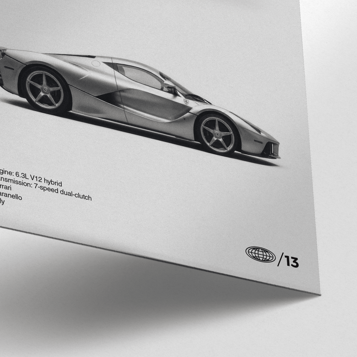 Italian Hybrid Hypercar Poster in minimalist black and white tones for hallway or corridor art