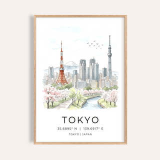Framed Tokyo Skyline Art Print with soft watercolour cherry blossoms and cityscape close-up