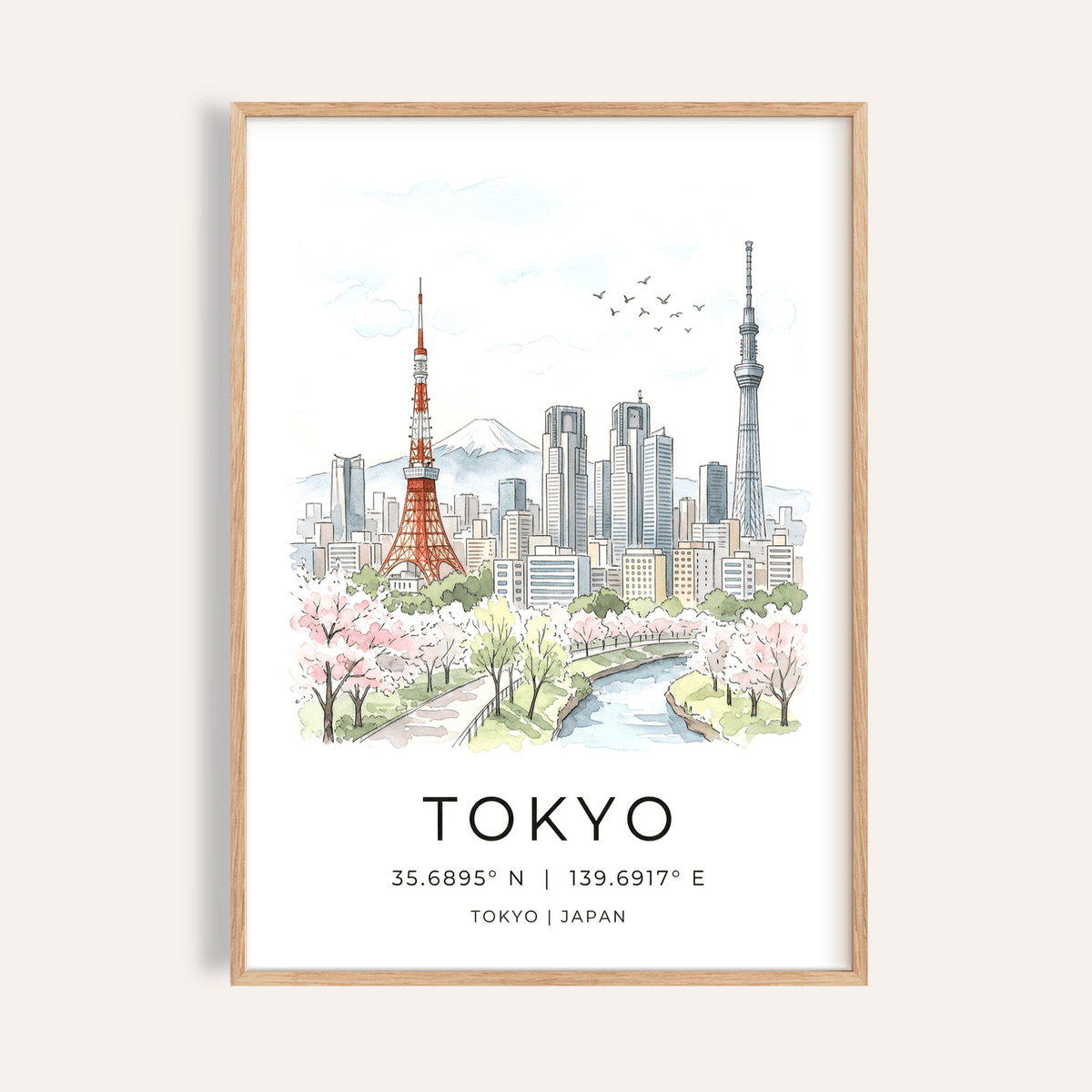 Framed Tokyo Skyline Art Print with soft watercolour cherry blossoms and cityscape close-up