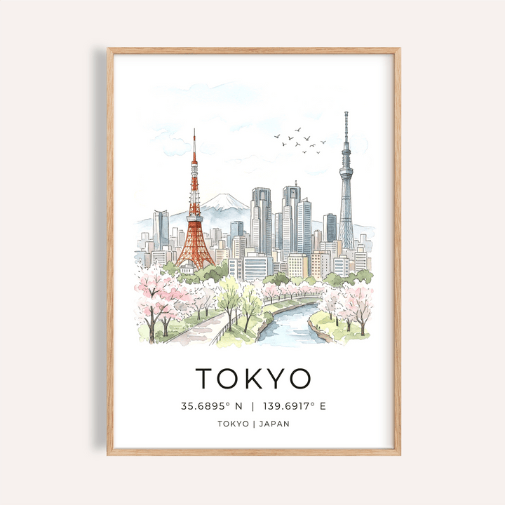 Framed Tokyo Skyline Art Print with soft watercolour cherry blossoms and cityscape close-up