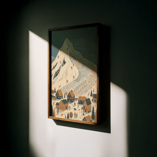 Winter Mountain Art Print framed close-up with skiers on snowy mountain in blue and brown tones