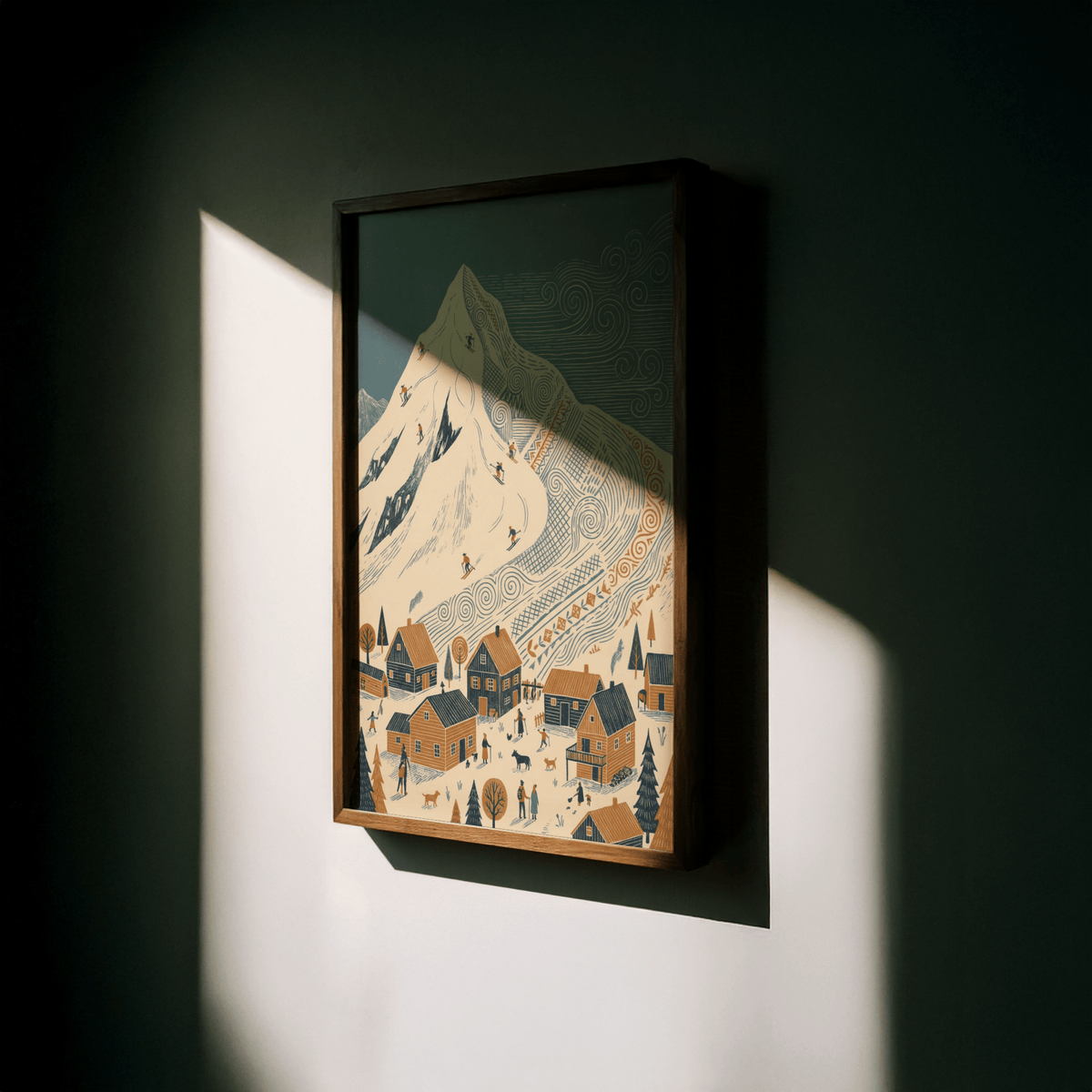 Winter Mountain Art Print framed close-up with skiers on snowy mountain in blue and brown tones
