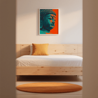 Buddha wall art with turquoise statue head on orange in a bedroom above bed with orange cushion