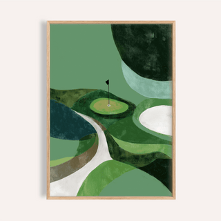 Framed minimalist golf poster of a golf course flag with abstract green shapes on a wall