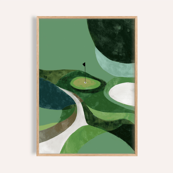 Framed minimalist golf poster of a golf course flag with abstract green shapes on a wall