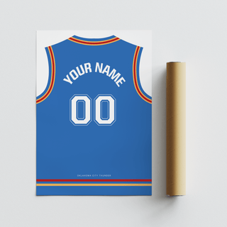 Custom basketball jersey print in blue with red and yellow trim beside a packaging tube