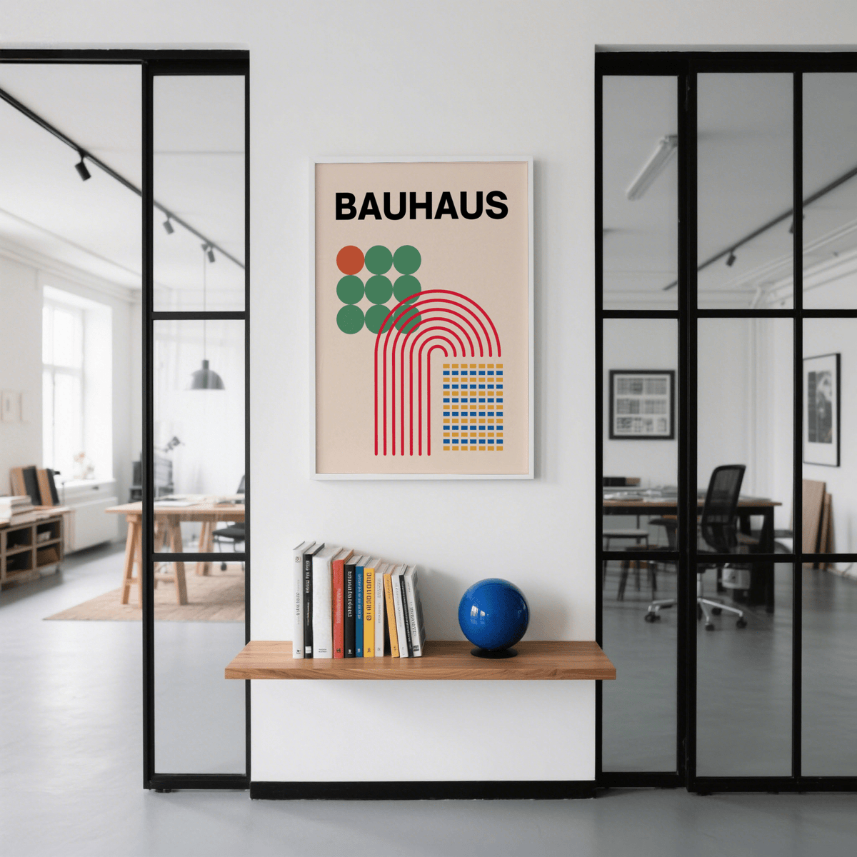Abstract Shapes Print on office wall above a wooden shelf with books and a blue ball