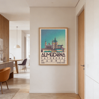 Madrid poster of Almudena Cathedral illustration with blue and beige tones on a white wall