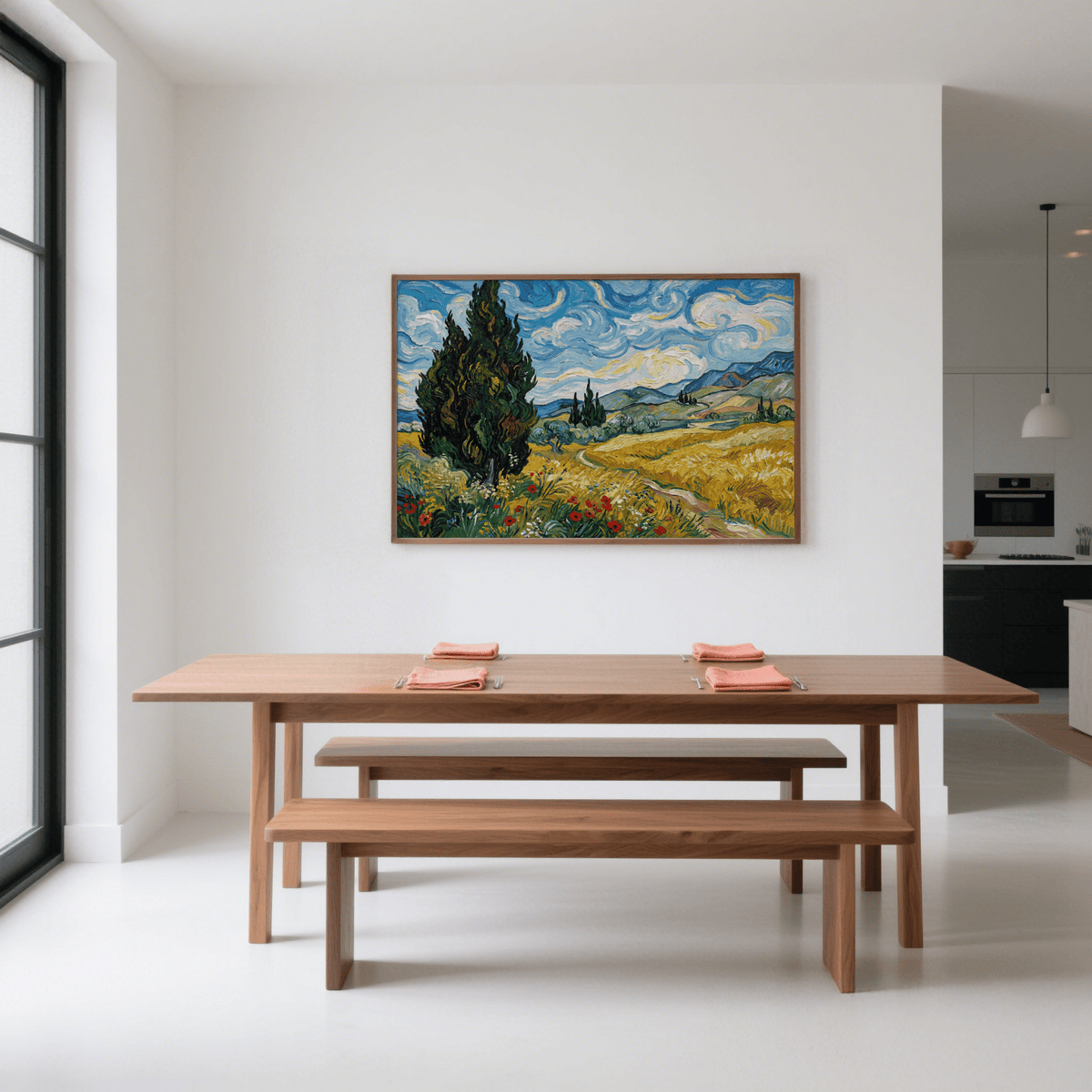 Nature poster wall art of a field with cypress trees and a cloudy sky above a dining table