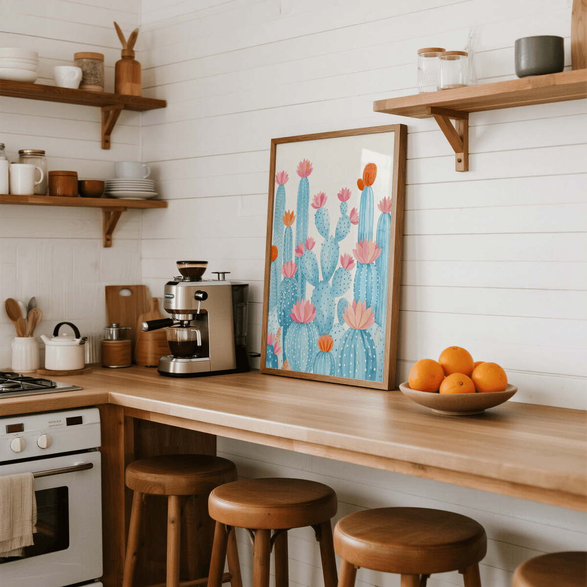 Cactus Art Print leaning on kitchen counter with a bowl of oranges and wooden stools