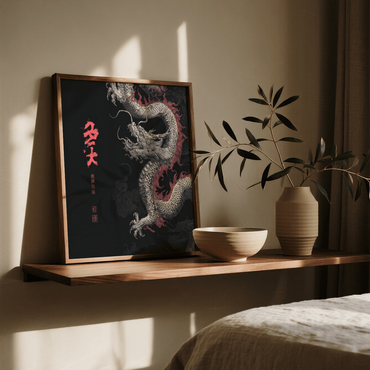 Dragon Poster leaning on a wooden shelf with a bowl and a vase in natural light