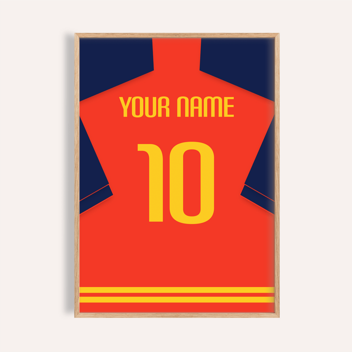 Framed football shirt poster in red with navy sleeves and yellow number close-up