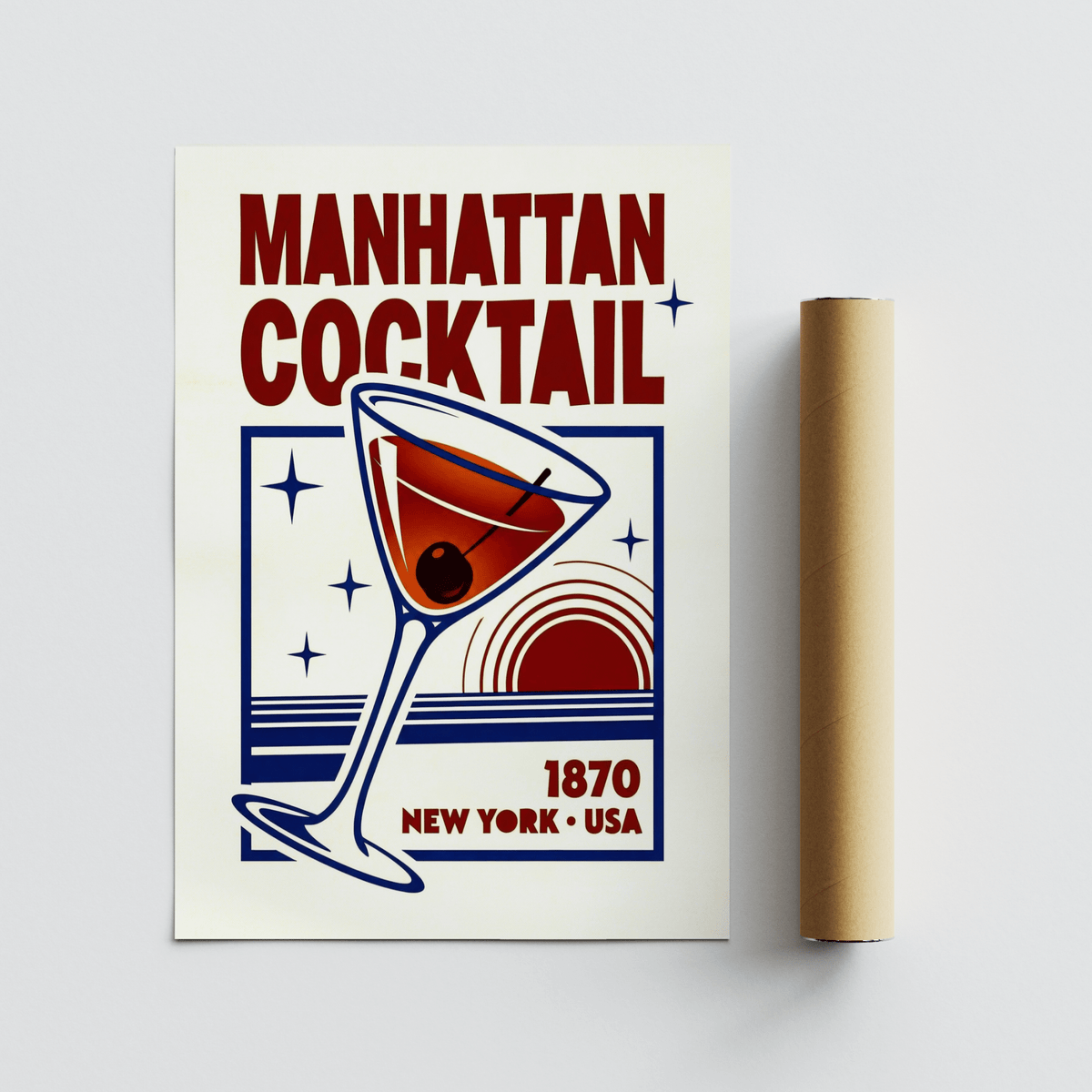 Manhattan Cocktail Art Print with retro style and red and blue colours alongside a packaging tube