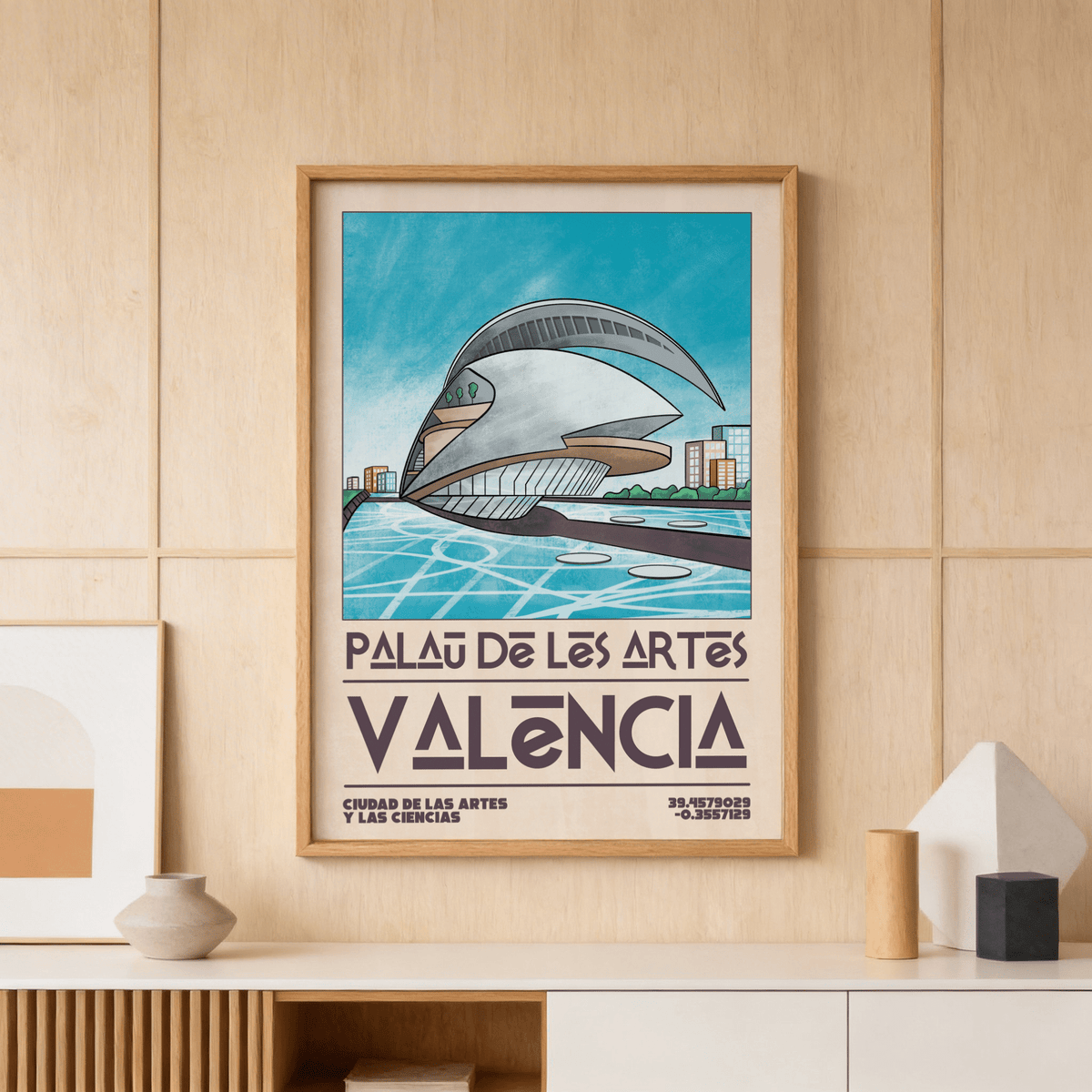Framed Valencia Architecture Print of the palau de les arts building in blue and beige tones above a sideboard with minimal decor