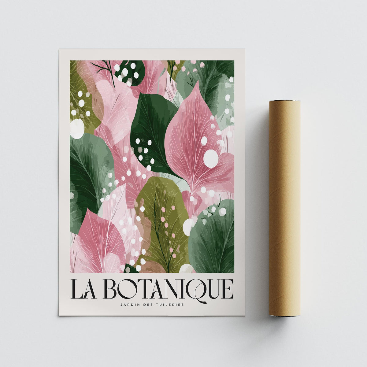 Floral Abstract Print on paper with pink and green abstract leaves beside packaging tube
