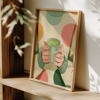 Cozy Matcha Art print leaning on a wooden shelf with sunlight and plant shadow