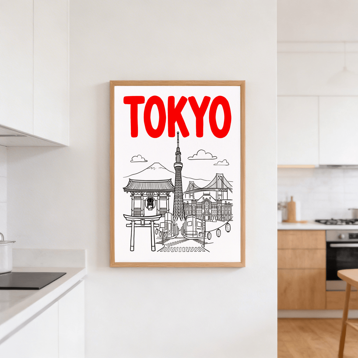 Tokyo City wall art of Tokyo landmarks in bold red and black line-art on a white wall in a kitchen