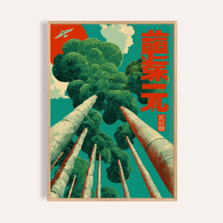 Framed Japanese Tree Poster showing tall green trees with a red sun and white clouds