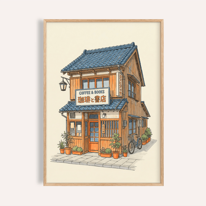 Framed Japanese Coffee Poster showing an illustrated coffee shop building with blue roof and plants