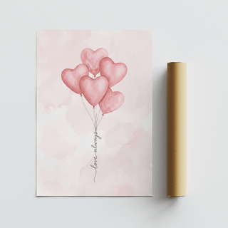 Love Heart Balloon Art Print with pink watercolour heart balloons and text alongside a cylindrical packaging tube