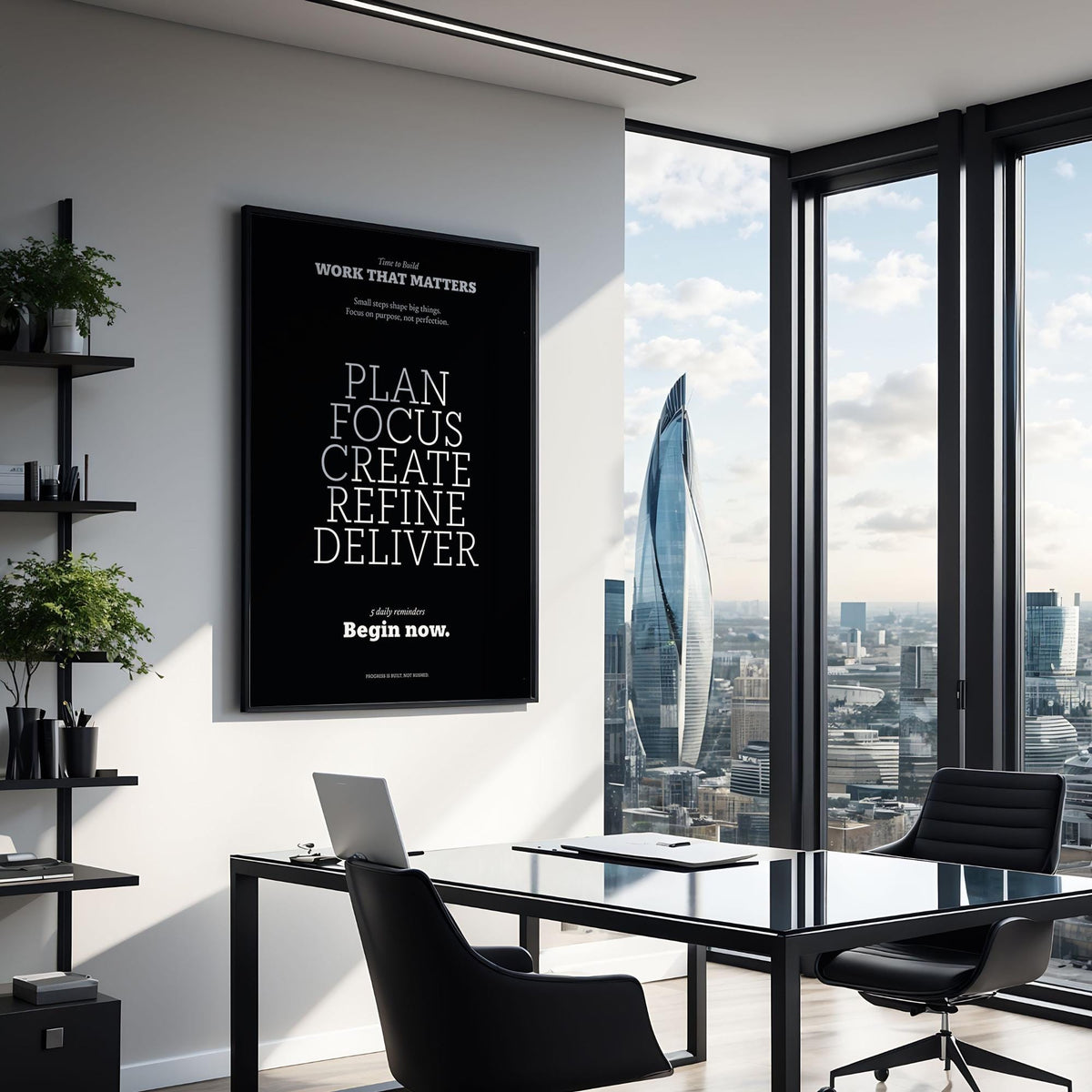 Inspiring wall decor with white motivational text on black in a modern office with city view