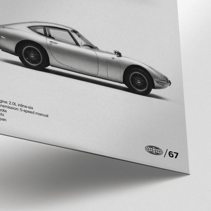 Close-up of Classic Japanese Sports Car Poster showing the front side details in black and white