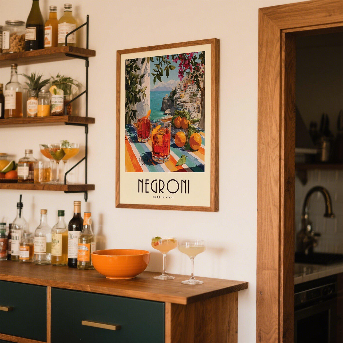 Italian Drink Posters framed print of negroni cocktails with orange peel above a drinks cabinet with cocktails